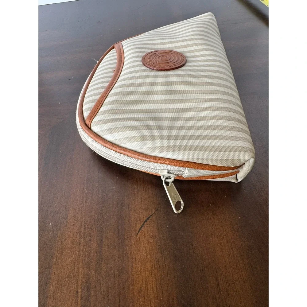 Vintage Tan White Striped Cosmetic Bag Toiletry Pouch Leather Logo‎ Patch